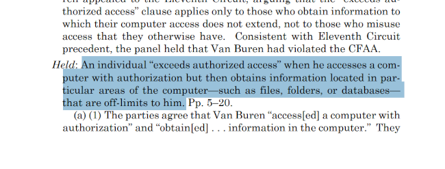 Van Buren v. United States Supreme Court ruling on CFAA exceeds authorized access